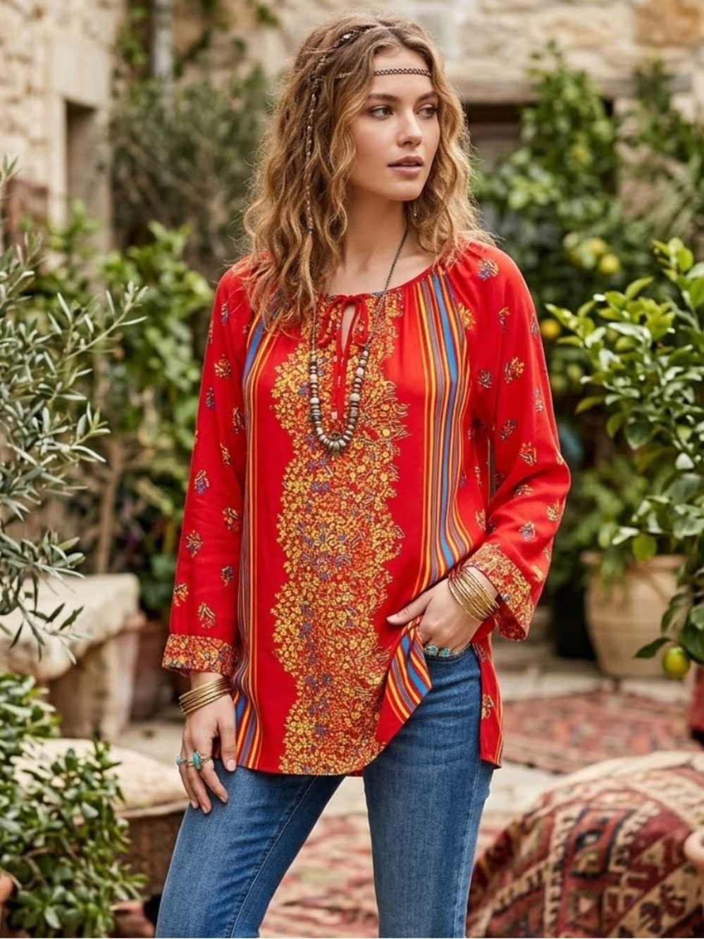 70’s Handmade Bohemian Long-Sleeve Tunic Blouse Top Sz Large Red Floral Eclectic